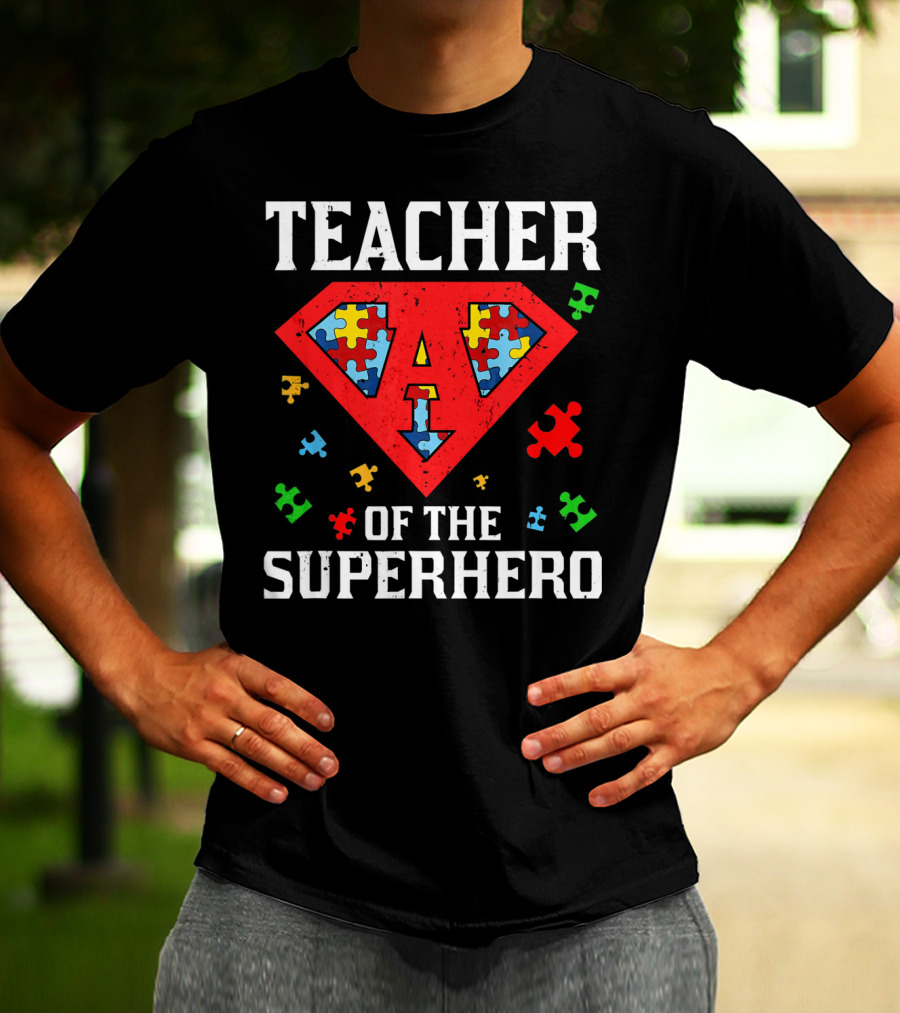 Teacher Of The Superhero With Puzzle Pieces Autism Awareness T-Shirt