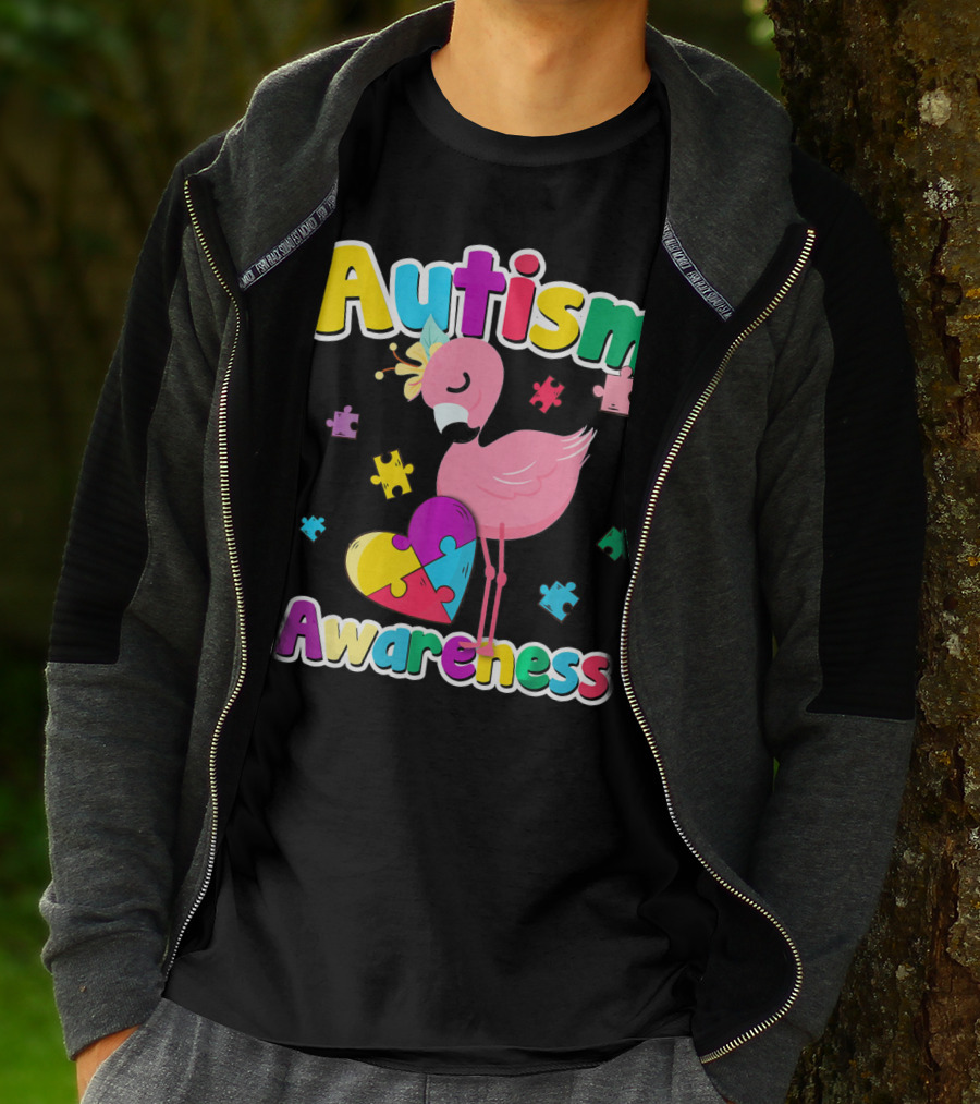Autism Awareness Flamingo Heart Puzzle Pieces T-Shirt