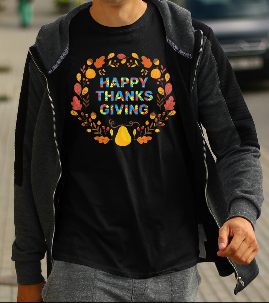 Happy Thanksgiving Day Autism Awareness Fall Leaves And Pumpkins T-Shirt