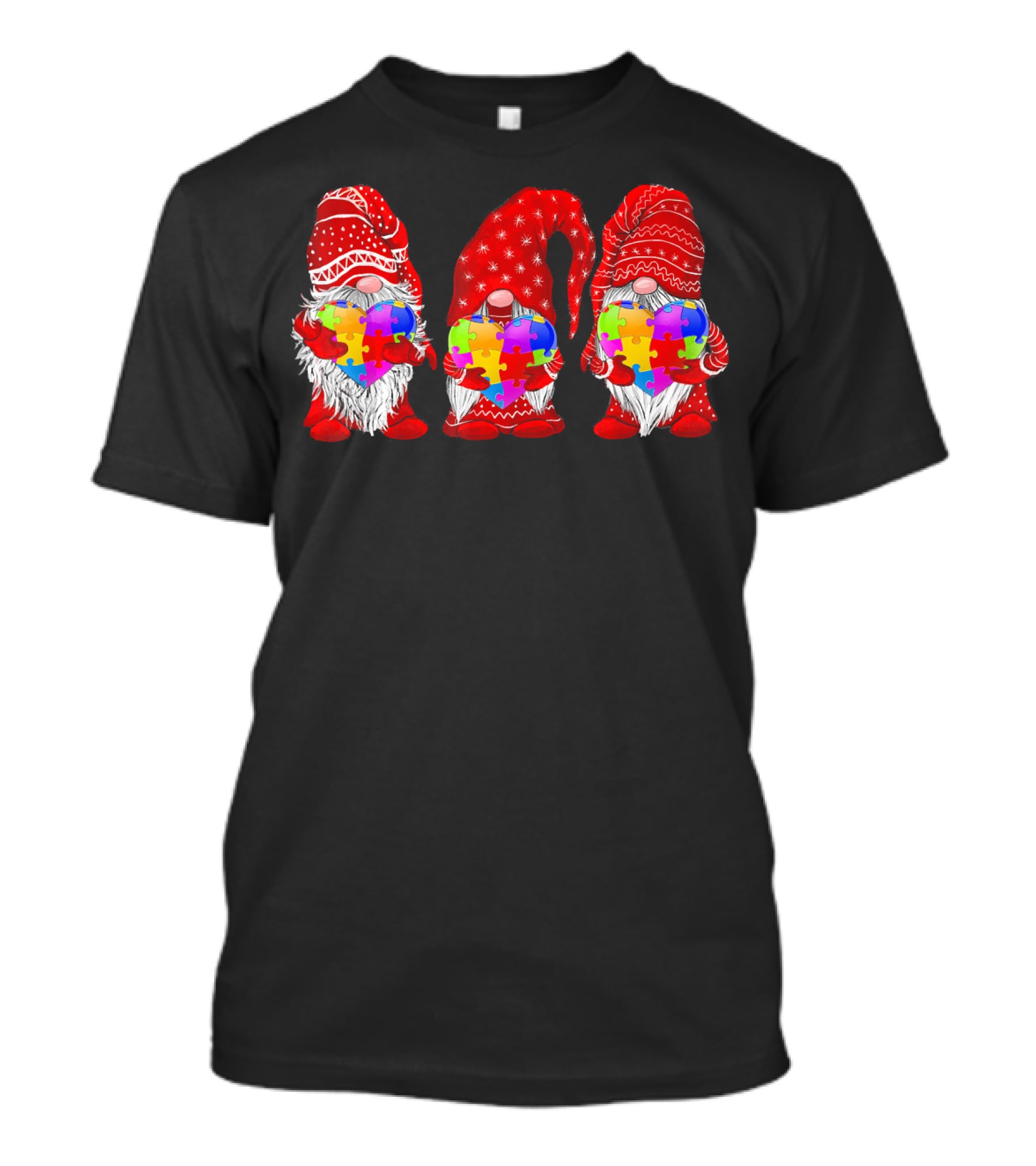 Autism Awareness Gnomies Red Hats Holding Colorful Puzzle Pieces T-Shirt
