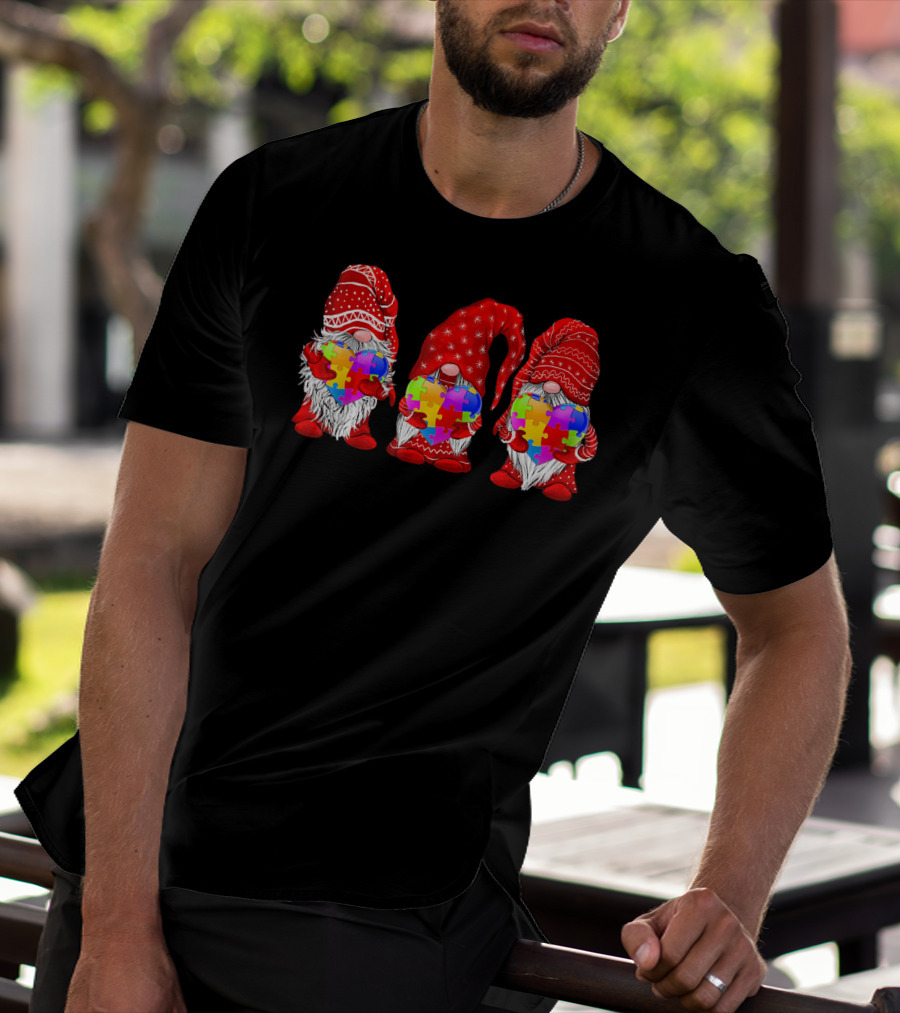 Autism Awareness Gnomies Red Hats Holding Colorful Puzzle Pieces T-Shirt