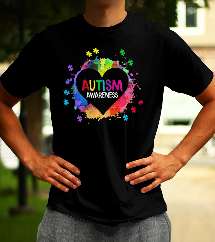 Autism Awareness Colorful Heart Puzzle Splash T-Shirt