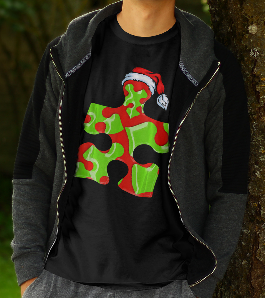 Puzzle Piece Santa Hat Red Green Autism Awareness T-Shirt