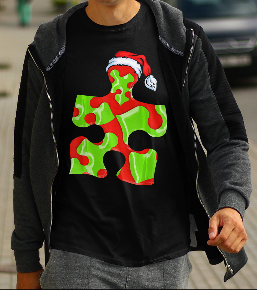 Puzzle Piece Santa Hat Red Green Autism Awareness T-Shirt