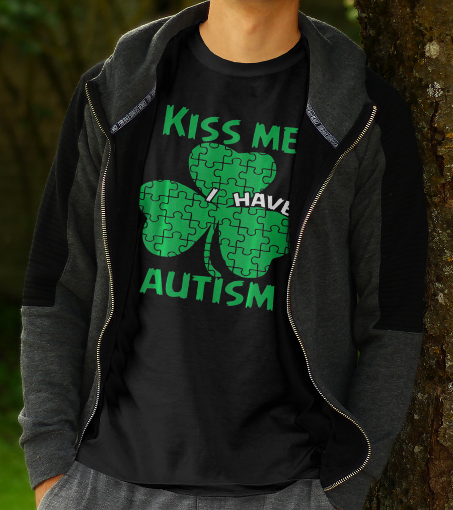 Kiss Me I Have Autism Awareness Shamrock Puzzle T-Shirt