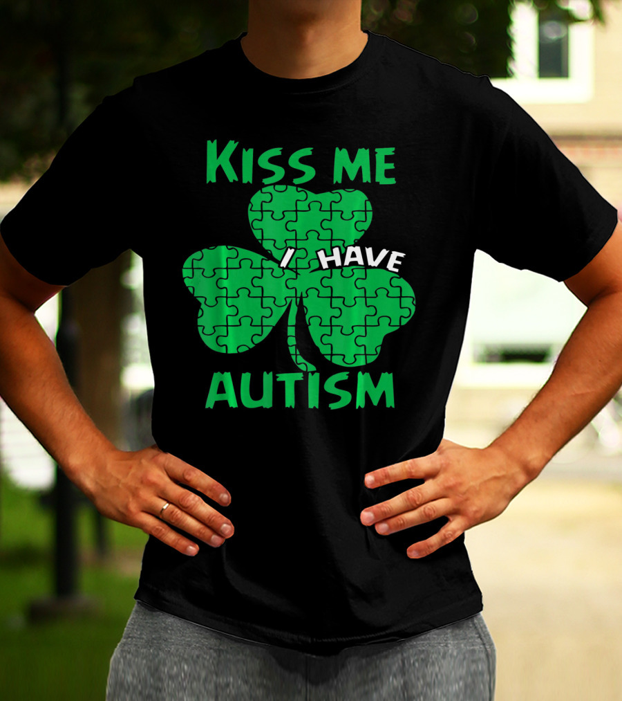 Kiss Me I Have Autism Awareness Shamrock Puzzle T-Shirt