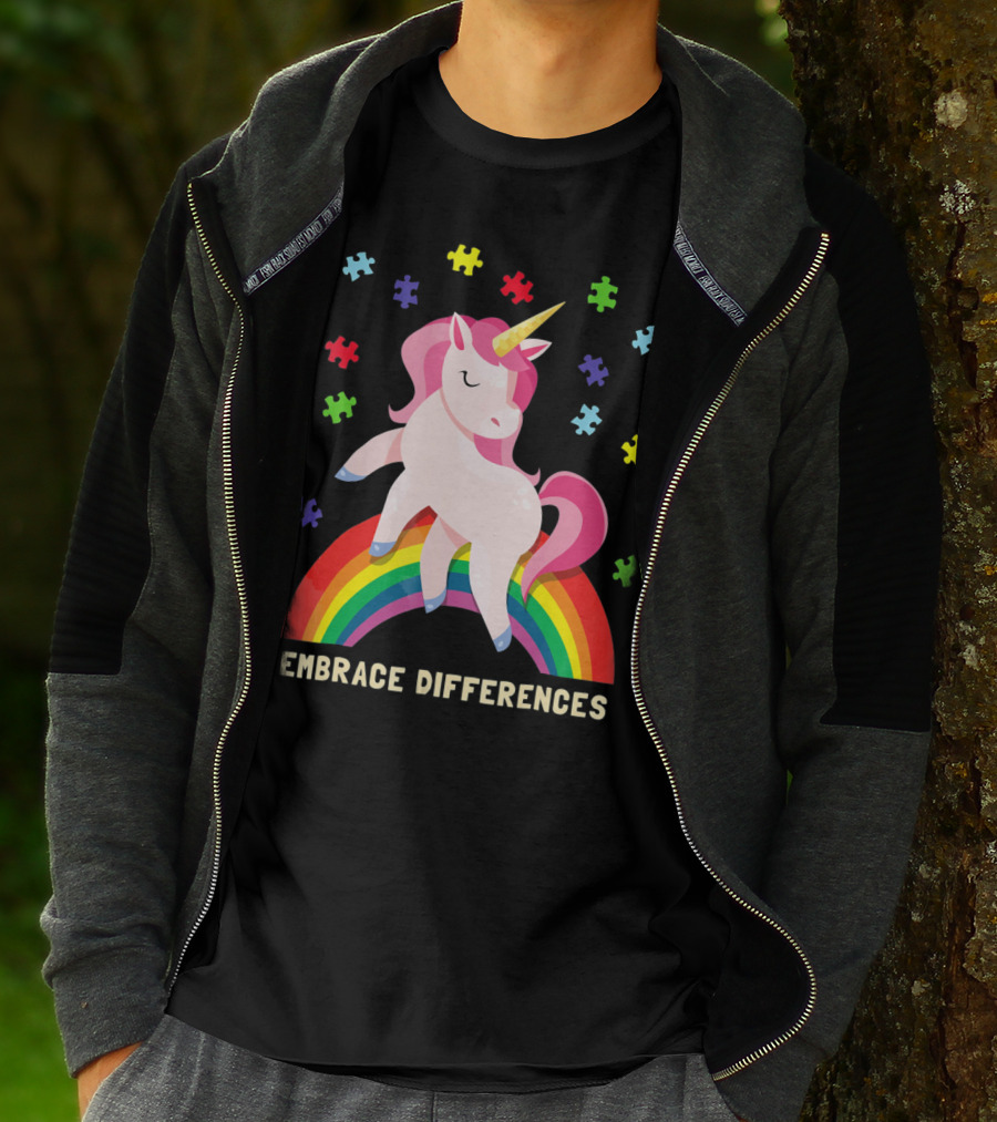 Embrace Differences Autism Awareness Youth Unicorn Rainbow Puzzle Pieces T-Shirt
