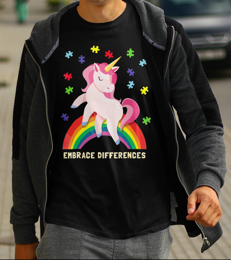 Embrace Differences Autism Awareness Youth Unicorn Rainbow Puzzle Pieces T-Shirt
