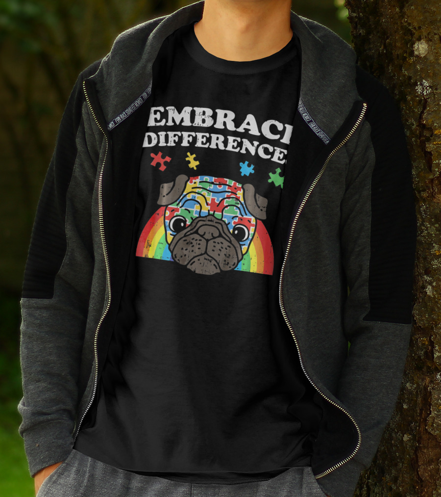 Embrace Differences Autism Awareness Pug With Puzzle Pieces And Rainbow T-Shirt