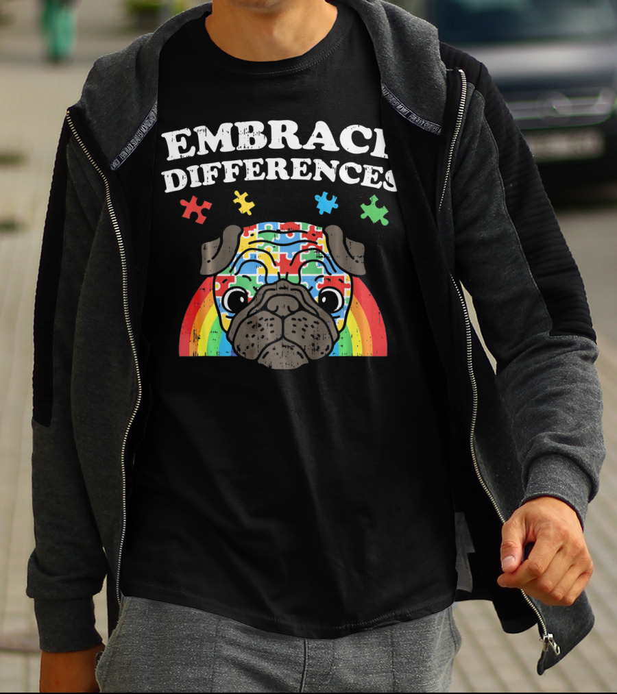 Embrace Differences Autism Awareness Pug With Puzzle Pieces And Rainbow T-Shirt