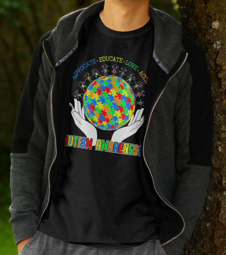 Advocate Educate Love Accept Autism Awareness Puzzle Globe Hands T-Shirt