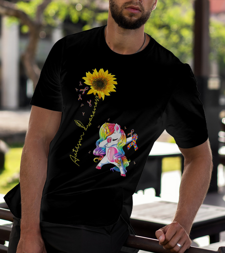 Autism Awareness Unicorn With Rainbow Ribbon Sunflower T-Shirt
