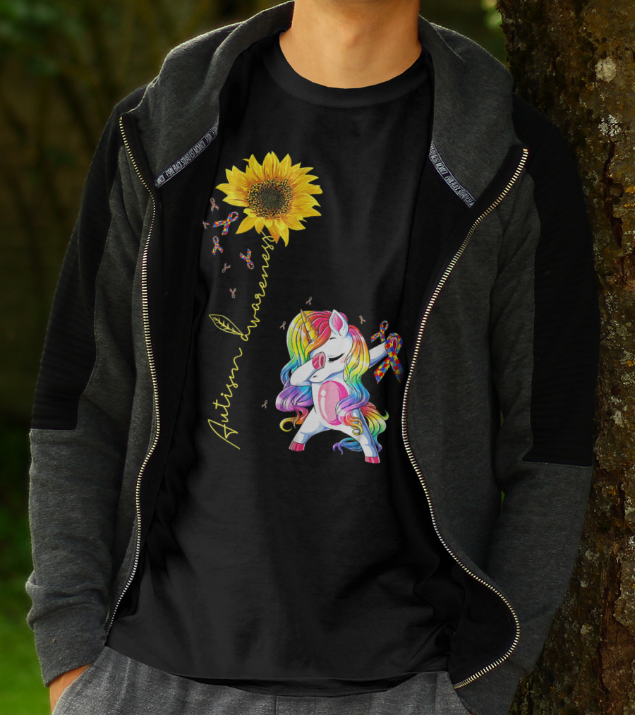 Autism Awareness Unicorn With Rainbow Ribbon Sunflower T-Shirt