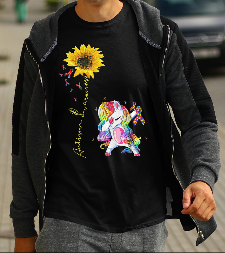 Autism Awareness Unicorn With Rainbow Ribbon Sunflower T-Shirt
