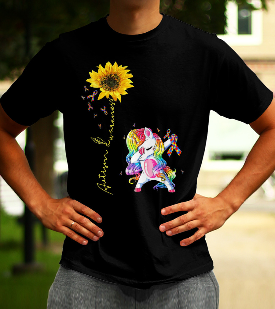Autism Awareness Unicorn With Rainbow Ribbon Sunflower T-Shirt