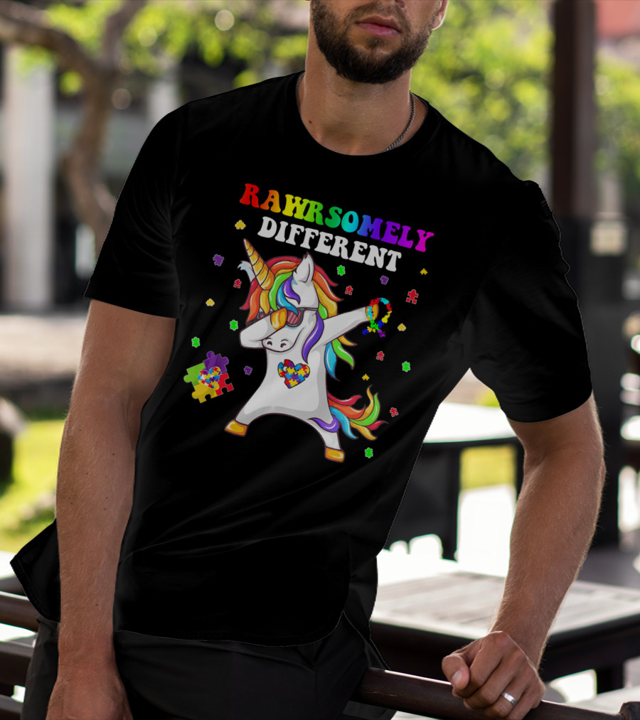 Rawrsomely Different Unicorn Autism Awareness Puzzle Pieces Dabbing T-Shirt
