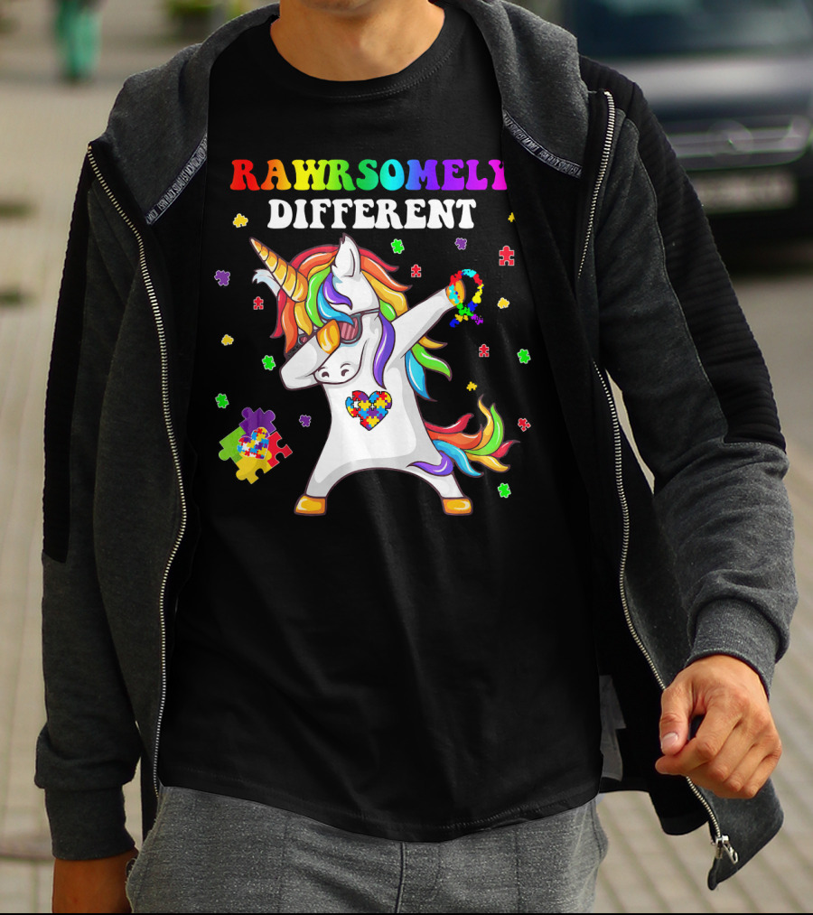 Rawrsomely Different Unicorn Autism Awareness Puzzle Pieces Dabbing T-Shirt