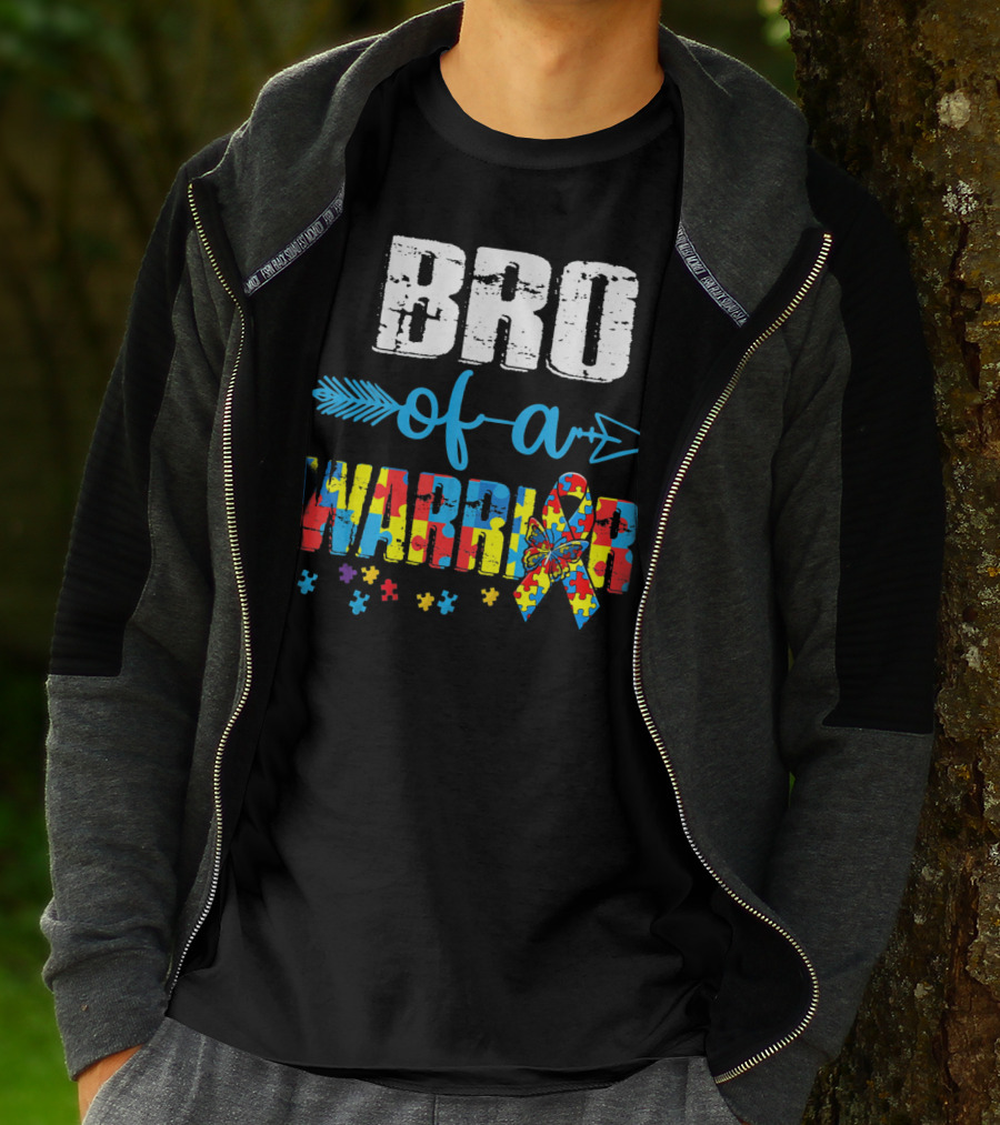 Bro Of A Warrior Autism Awareness Puzzle Ribbon Butterfly Arrow T-Shirt