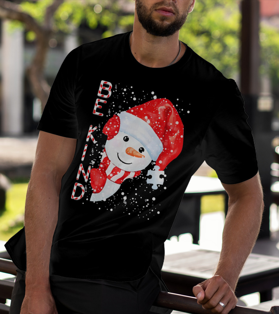 Be Kind Snowman Santa Hat Autism Puzzle Piece Holiday T-Shirt