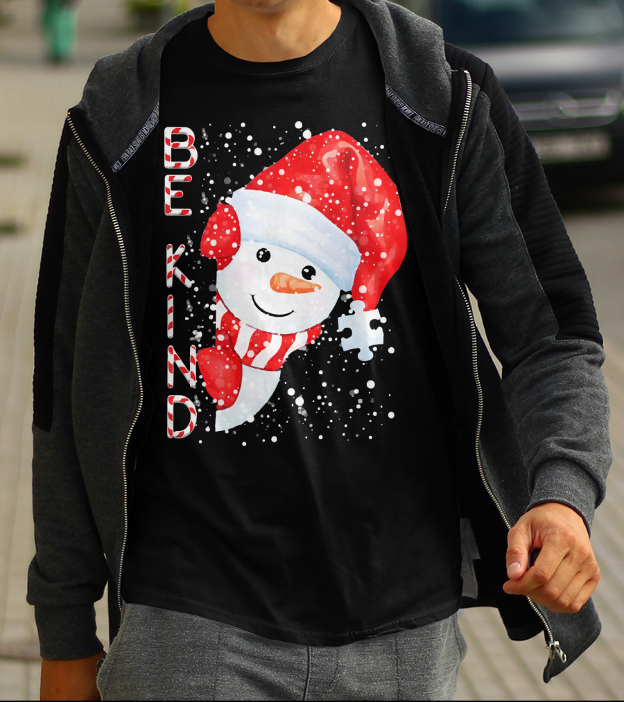 Be Kind Snowman Santa Hat Autism Puzzle Piece Holiday T-Shirt