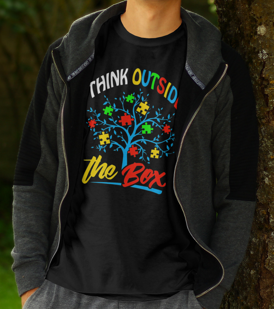 Think Outside The Box Puzzle Tree Autism Awareness T-Shirt