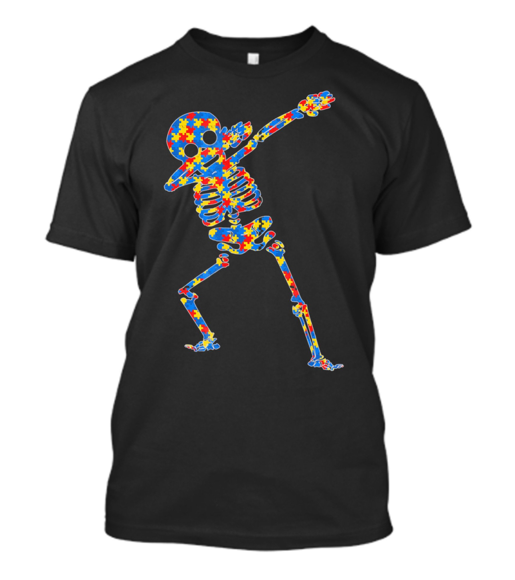 Halloween Autism Skeleton Dabbing Puzzle Pattern Awareness T-Shirt