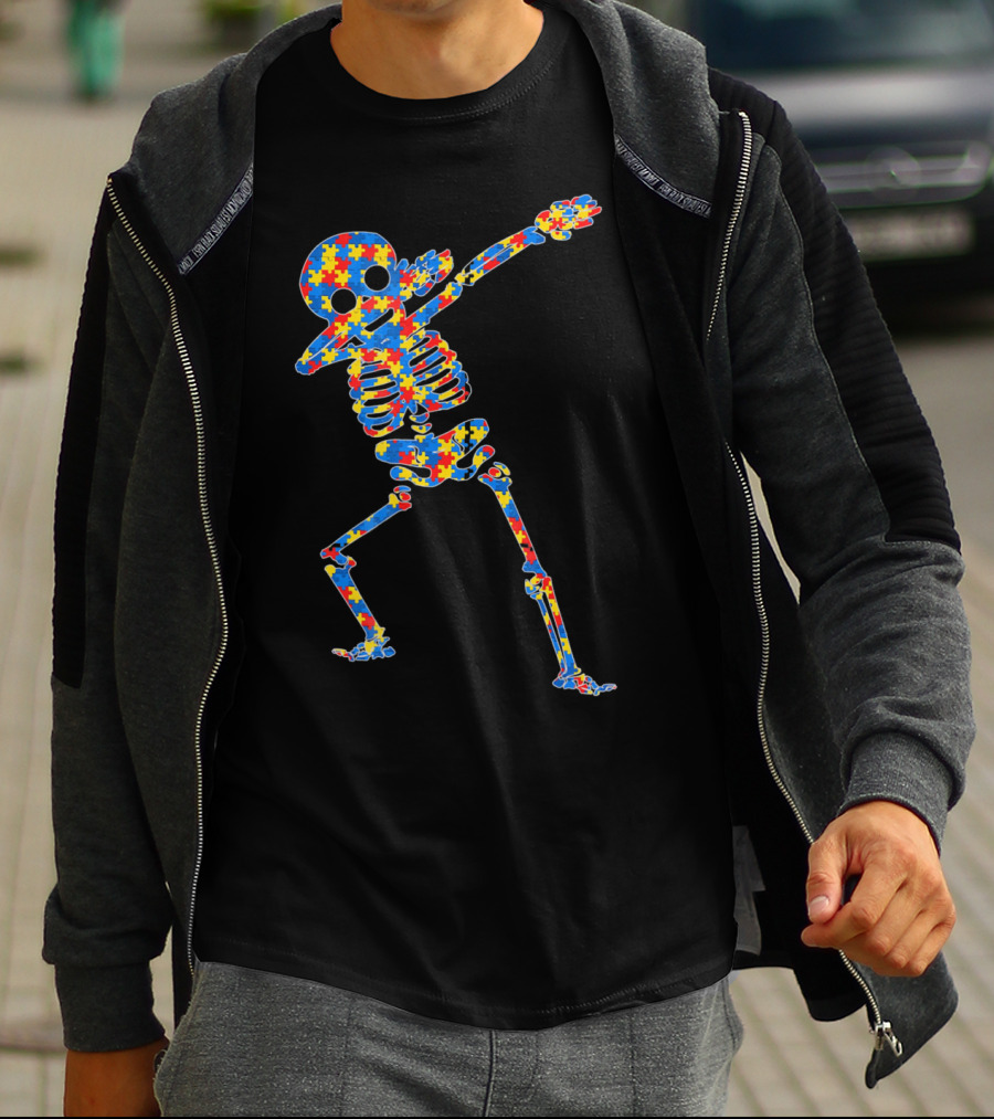 Halloween Autism Skeleton Dabbing Puzzle Pattern Awareness T-Shirt