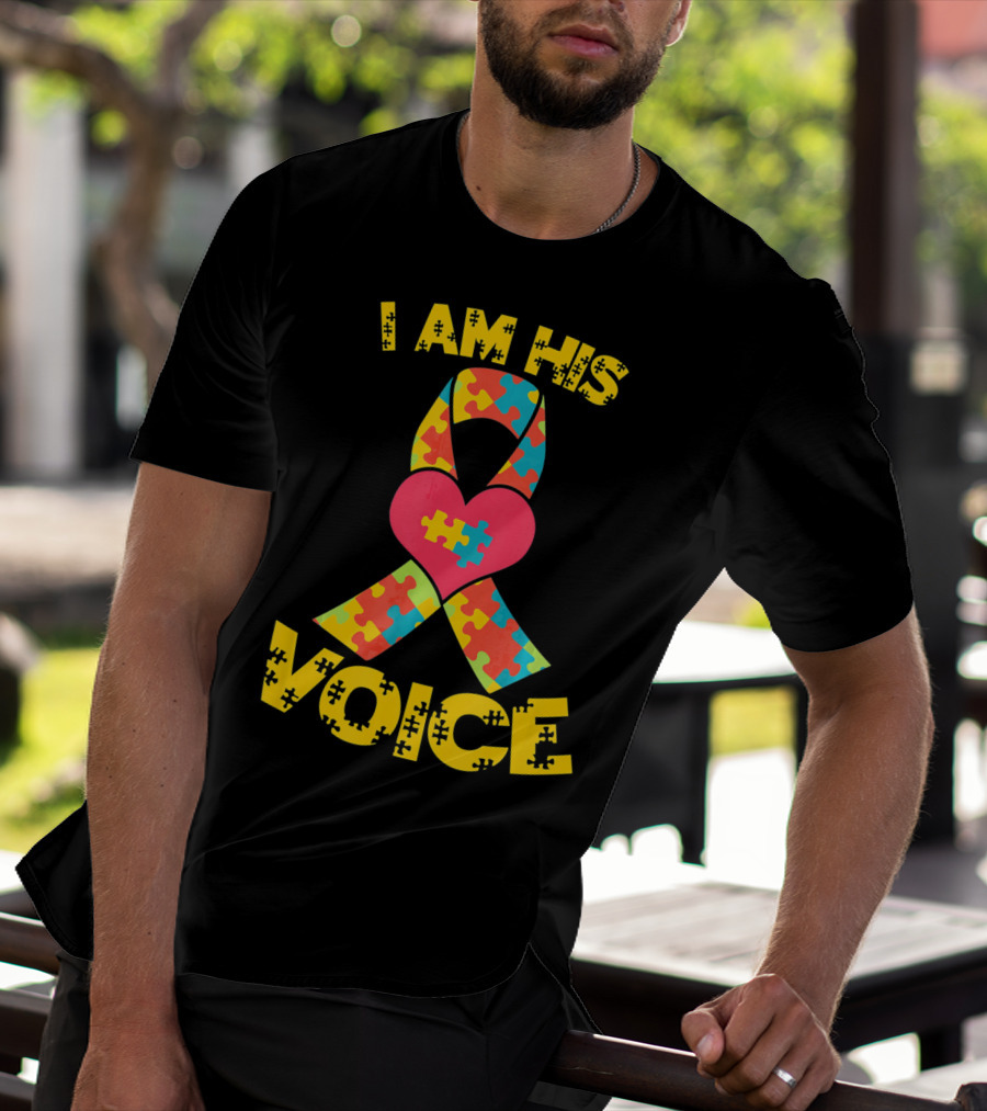 I Am His Voice Autism Awareness Puzzle Ribbon Heart T-Shirt