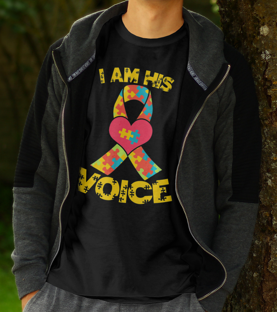 I Am His Voice Autism Awareness Puzzle Ribbon Heart T-Shirt
