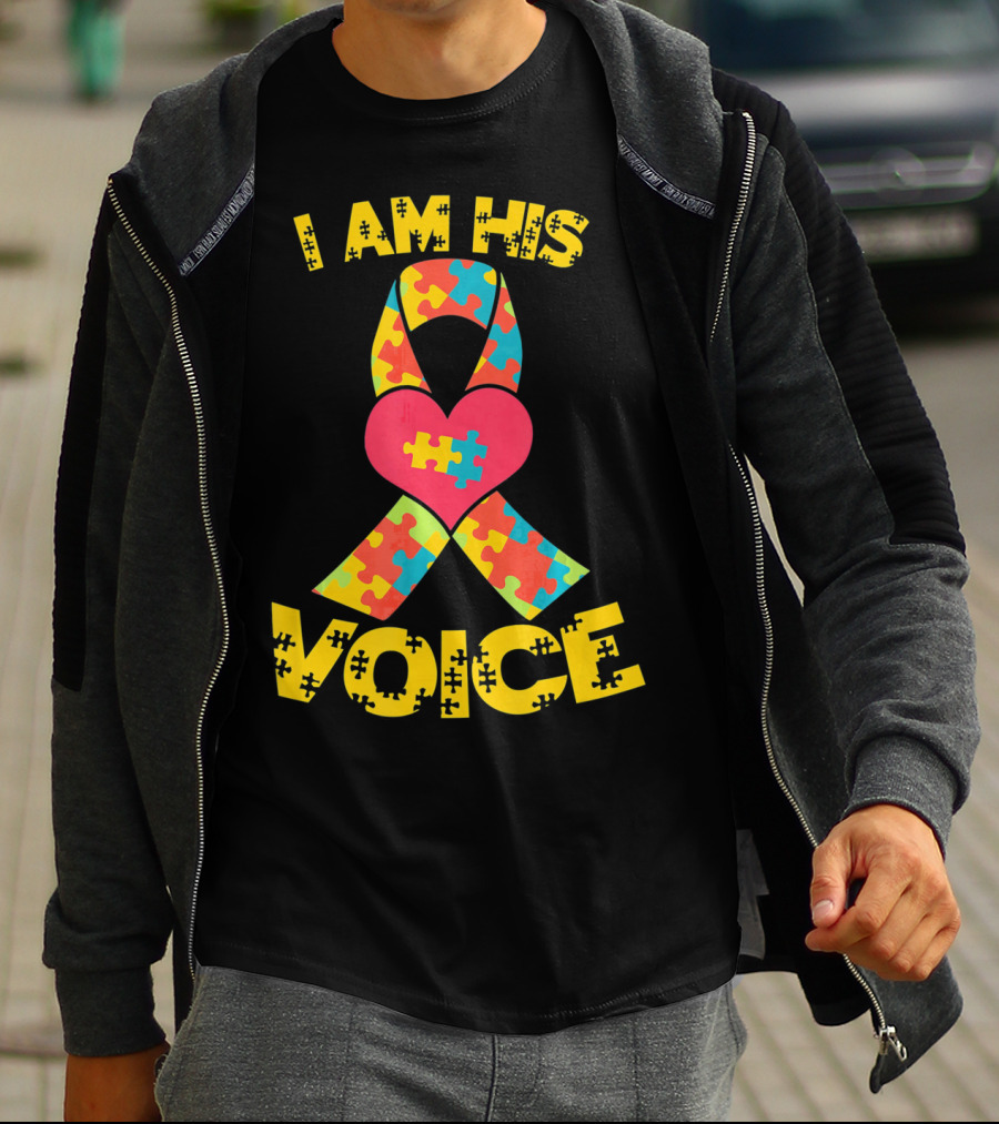 I Am His Voice Autism Awareness Puzzle Ribbon Heart T-Shirt