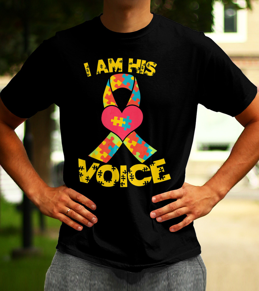 I Am His Voice Autism Awareness Puzzle Ribbon Heart T-Shirt