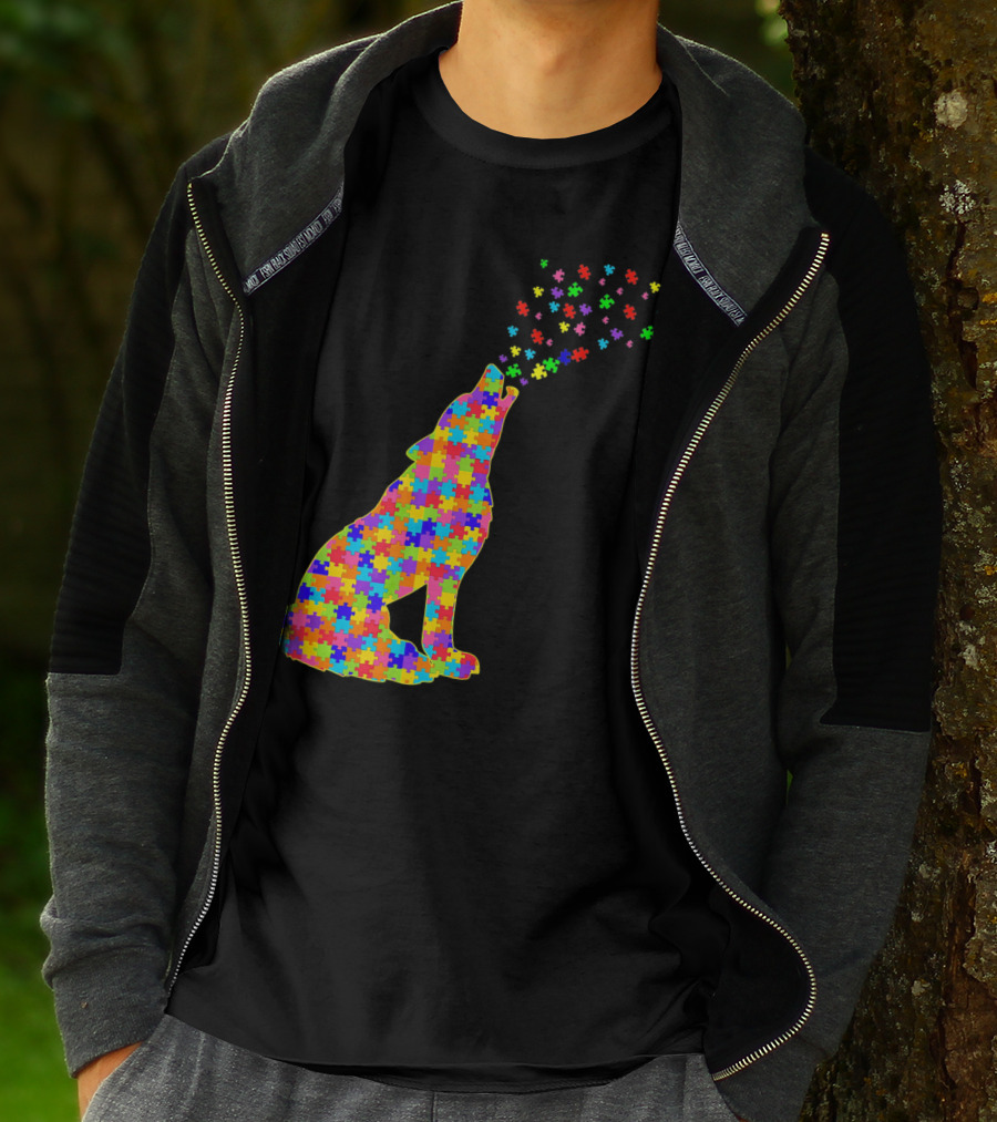Wolf Puzzle Autism Awareness Puzzle Pieces T-Shirt