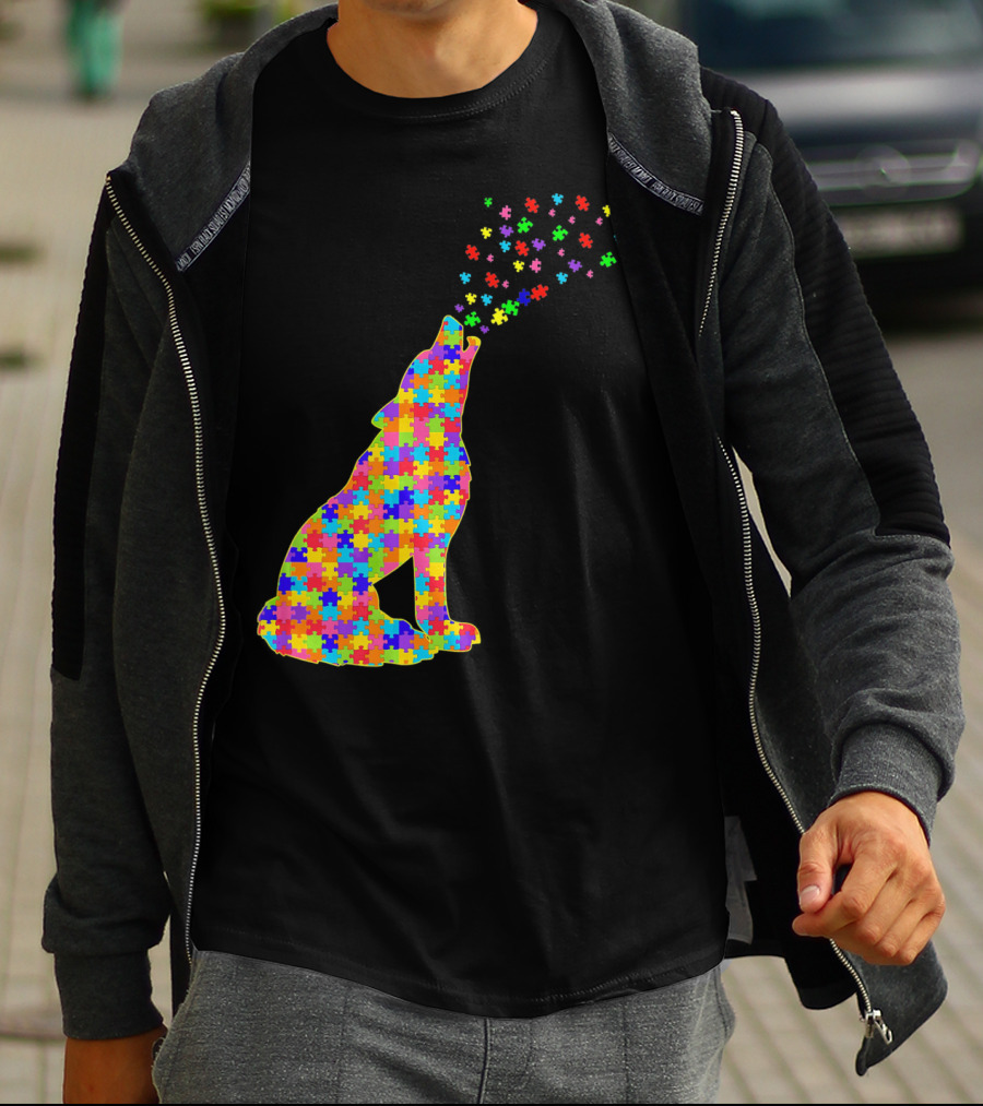 Wolf Puzzle Autism Awareness Puzzle Pieces T-Shirt