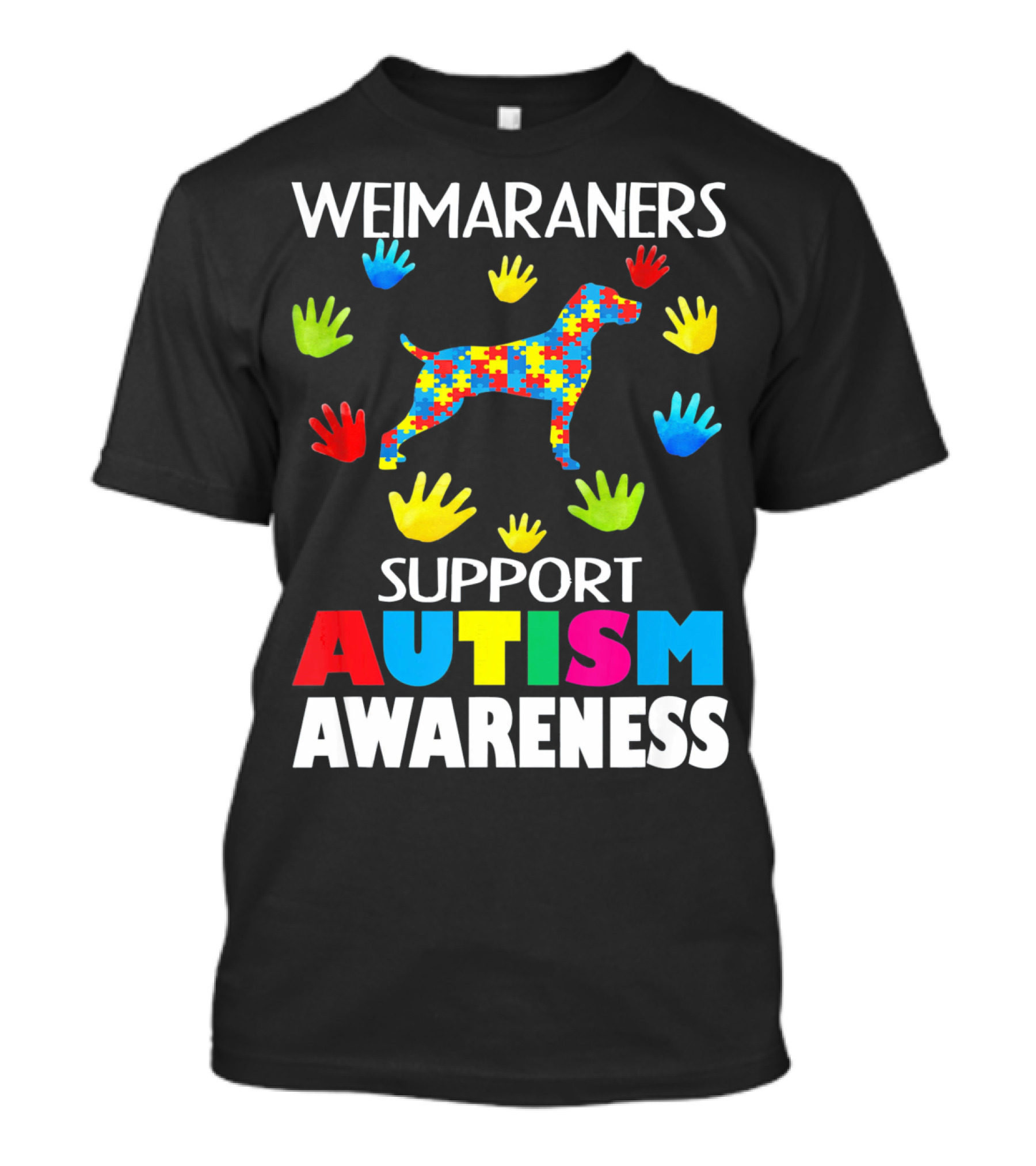 Weimaraners Support Autism Awareness Puzzle Piece Dog With Colorful Hands T-Shirt