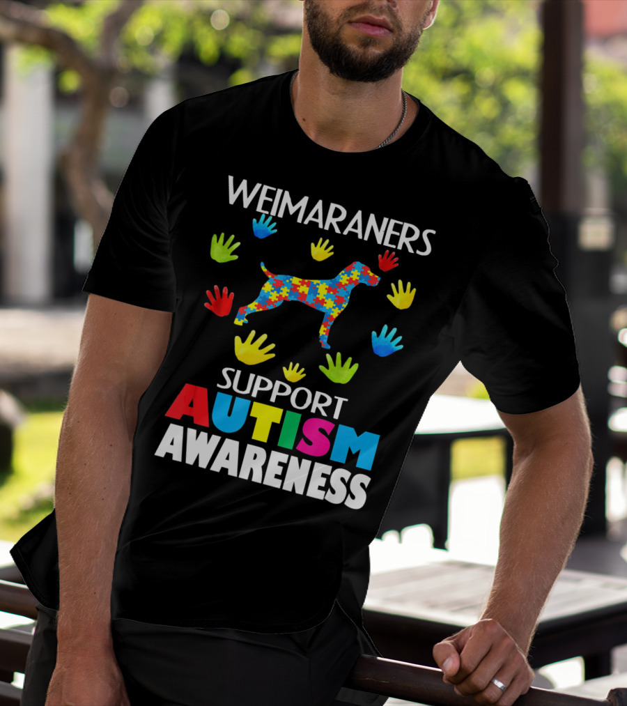 Weimaraners Support Autism Awareness Puzzle Piece Dog With Colorful Hands T-Shirt