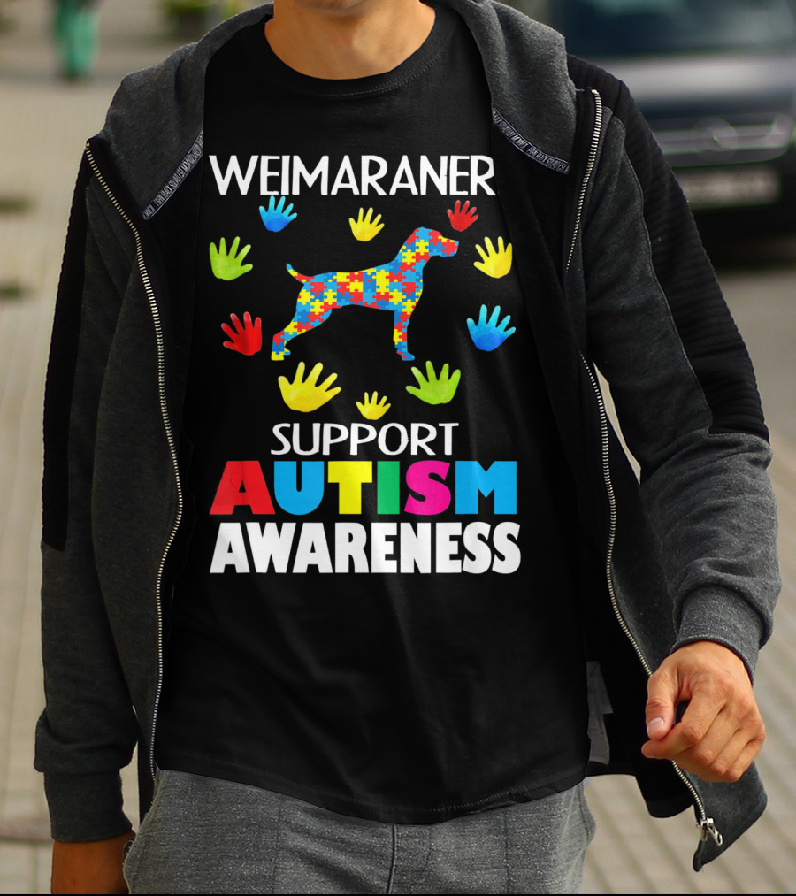 Weimaraners Support Autism Awareness Puzzle Piece Dog With Colorful Hands T-Shirt