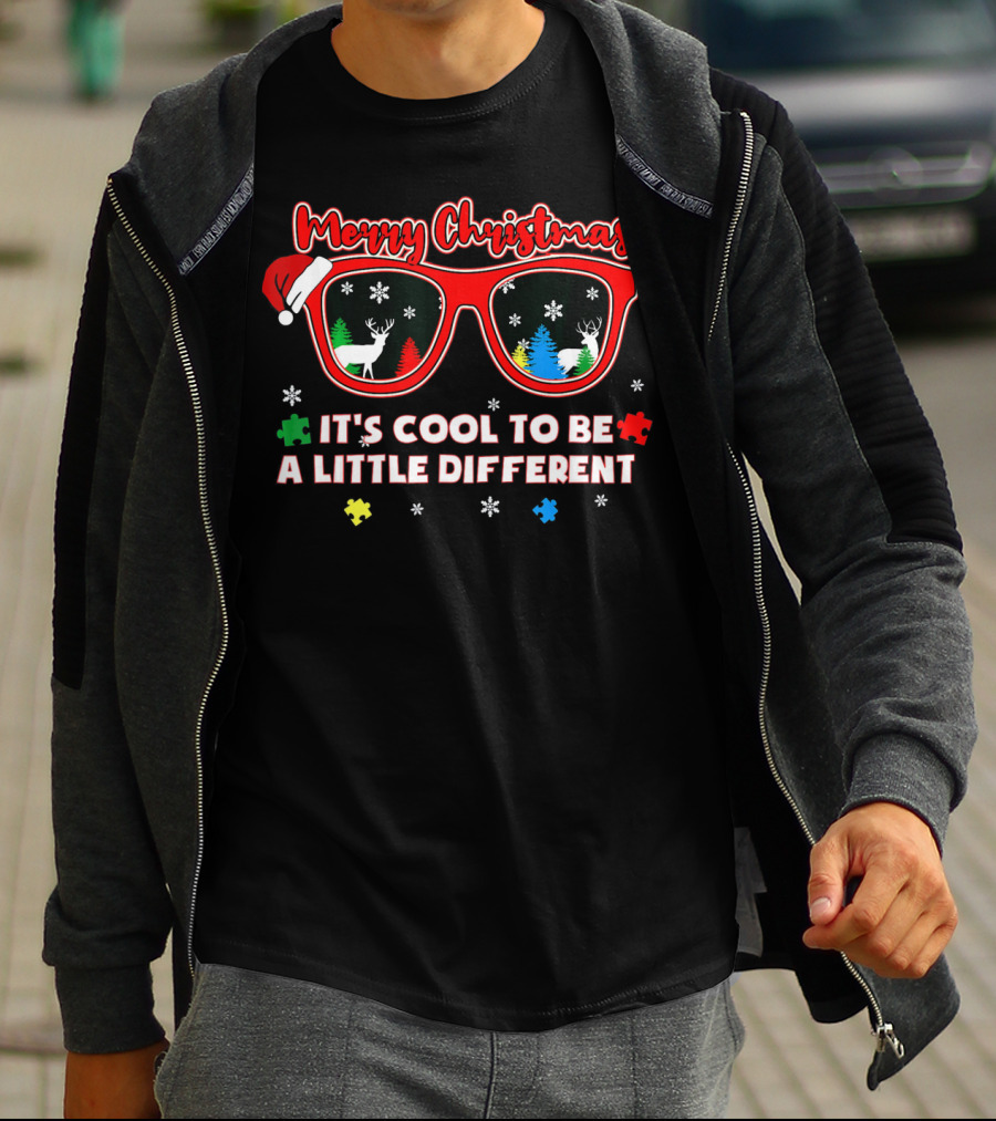 Merry Christmas Autism Awareness Santa Sunglasses It's Cool To Be A Little Different T-Shirt