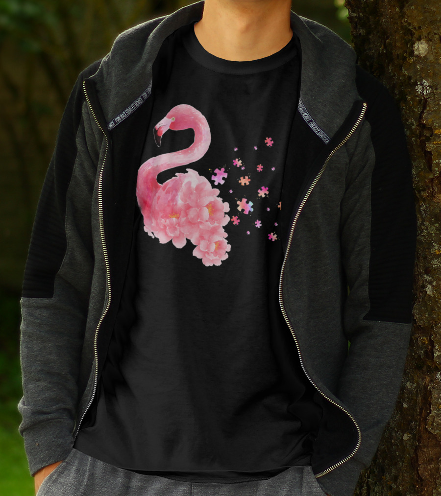 Flamingo Puzzle Autism Awareness Floral Elements T-Shirt