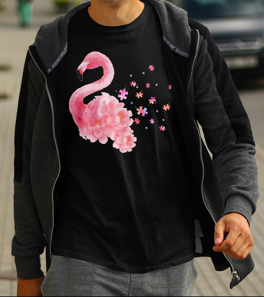 Flamingo Puzzle Autism Awareness Floral Elements T-Shirt