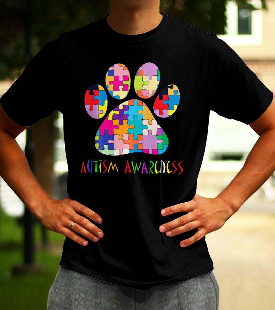 Autism Awareness Colorful Puzzle Dog Paw T-Shirt
