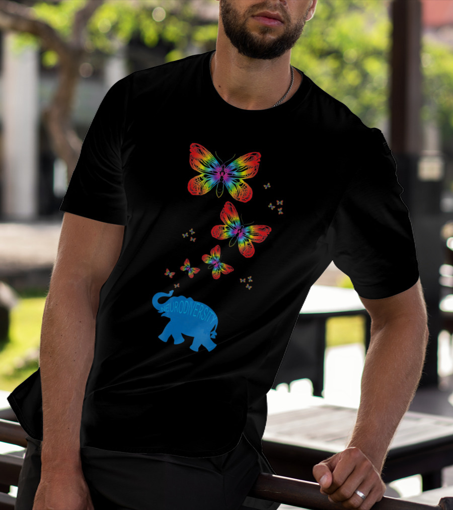 Neurodiversity Autism Elephant With Rainbow Butterflies T-Shirt