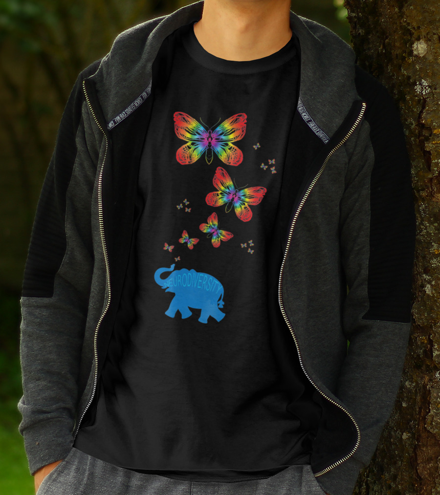 Neurodiversity Autism Elephant With Rainbow Butterflies T-Shirt