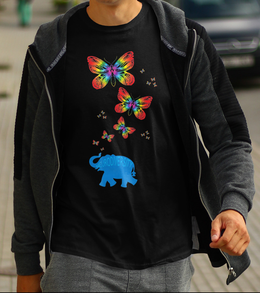 Neurodiversity Autism Elephant With Rainbow Butterflies T-Shirt