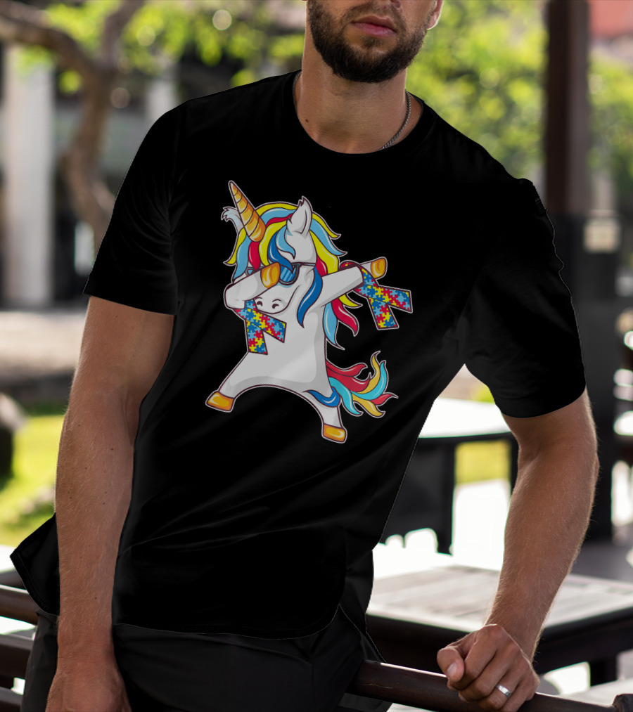 Autism Awareness Unicorn With Colorful Puzzle Dabbing Pose T-Shirt