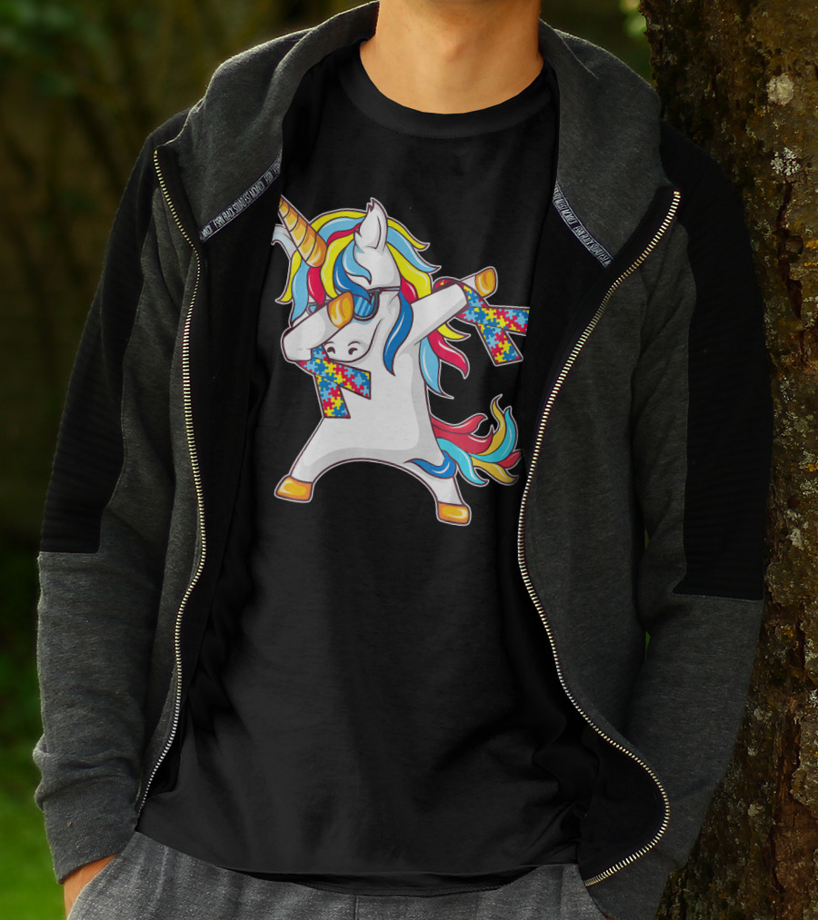 Autism Awareness Unicorn With Colorful Puzzle Dabbing Pose T-Shirt