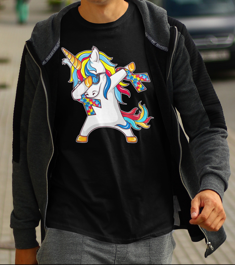Autism Awareness Unicorn With Colorful Puzzle Dabbing Pose T-Shirt
