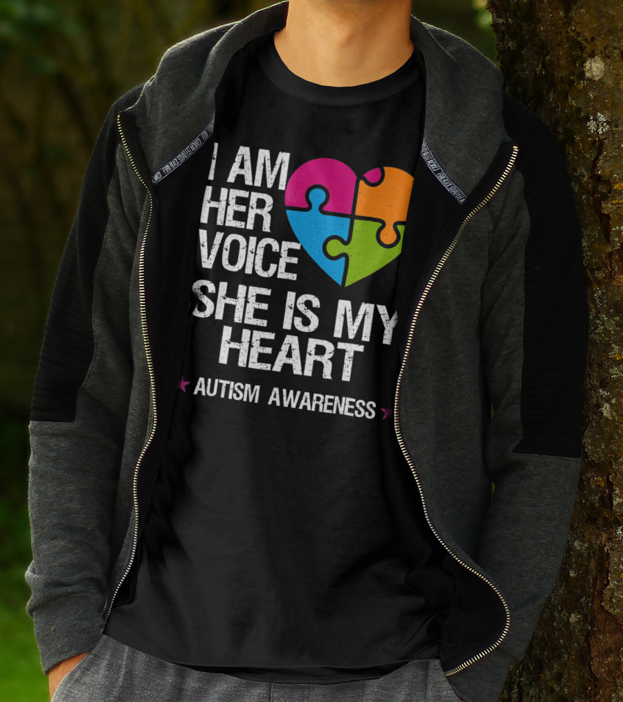 I Am Her Voice She Is My Heart Autism Awareness Puzzle Heart T-Shirt