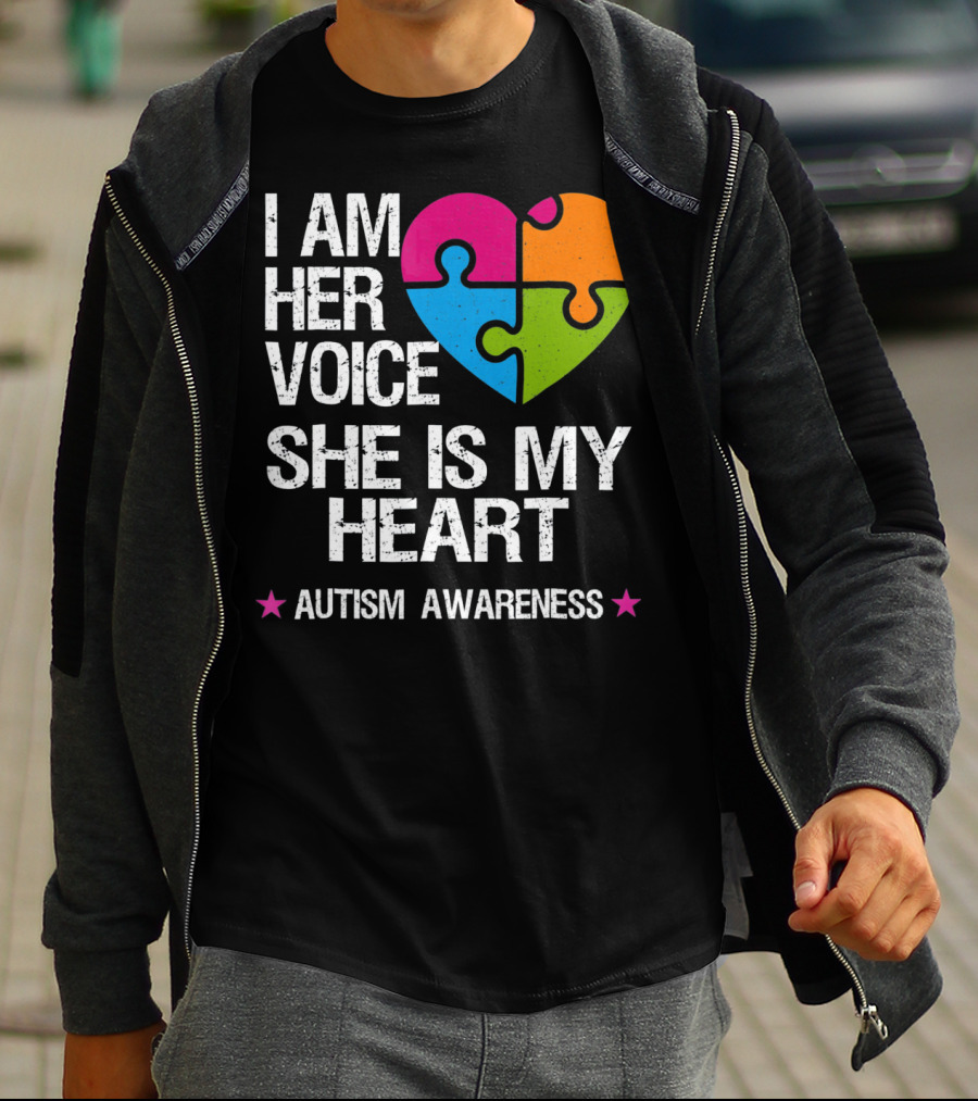 I Am Her Voice She Is My Heart Autism Awareness Puzzle Heart T-Shirt