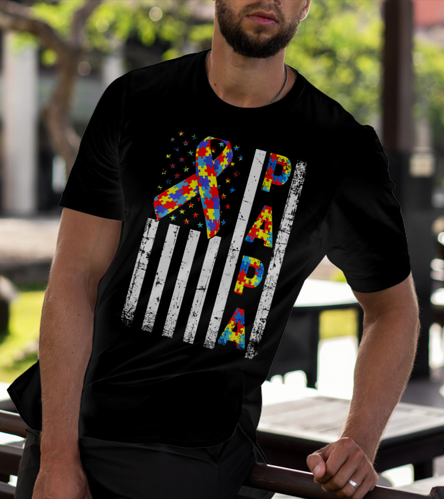 Papa Autism Awareness Puzzle Ribbon USA Flag T-Shirt