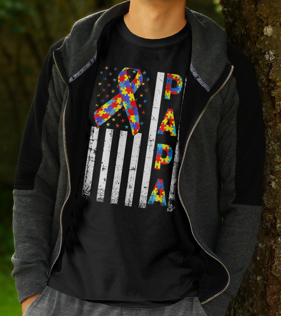 Papa Autism Awareness Puzzle Ribbon USA Flag T-Shirt